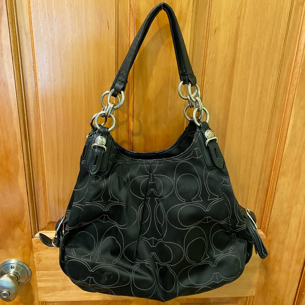 USED- COACH Black Sateen Signature Outline MIA Maggie